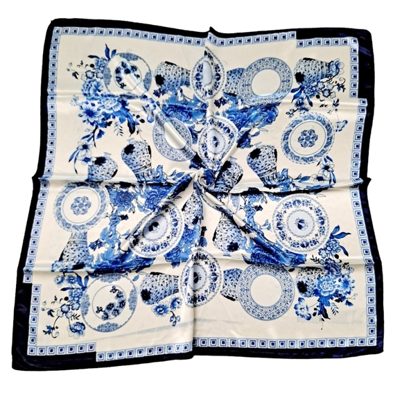💖 2/$30 Satin Floral Nautical White Blue neck hair head bandana square scarf - Picture 7 of 13